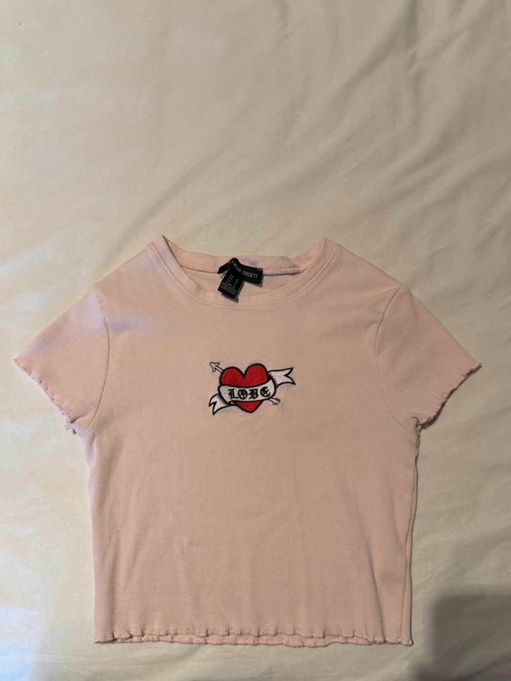 PacSun Light Pink Ribbed Tee with Red Heart 'Love' Patch